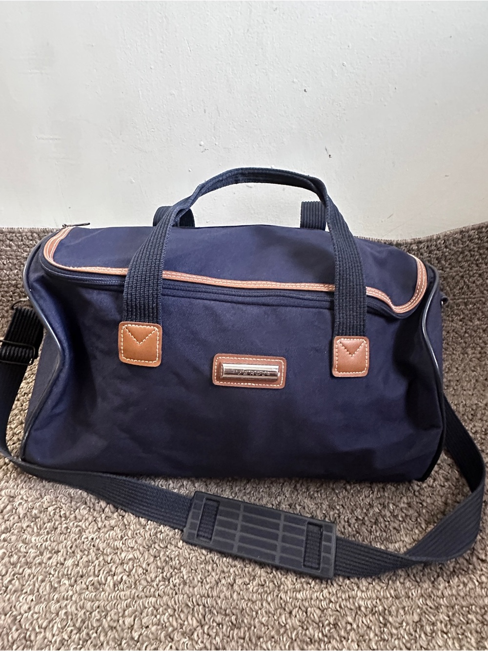 Vintage 90s Verdi Travelware Navy Blue Retro Duffle Bag Weekender Carry-On